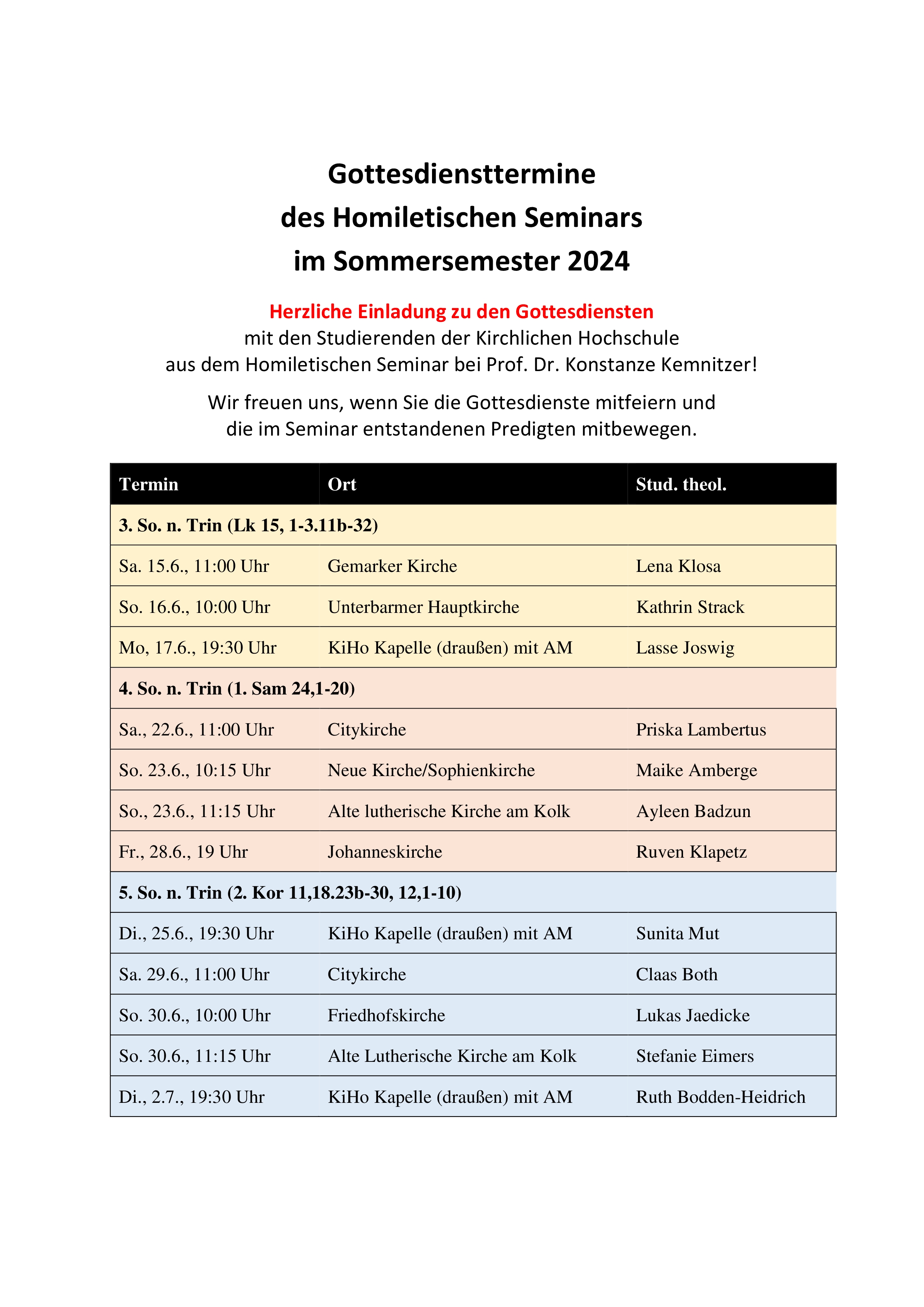 Plakat Termine Homiletisches Seminar