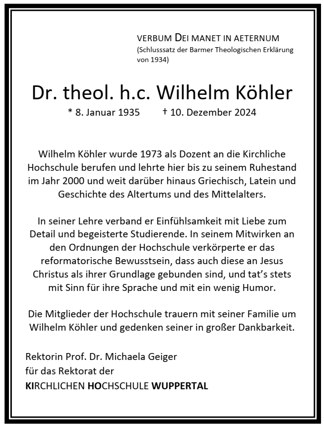 Traueranzeige der Kirchlichen Hochschule Wuppertal